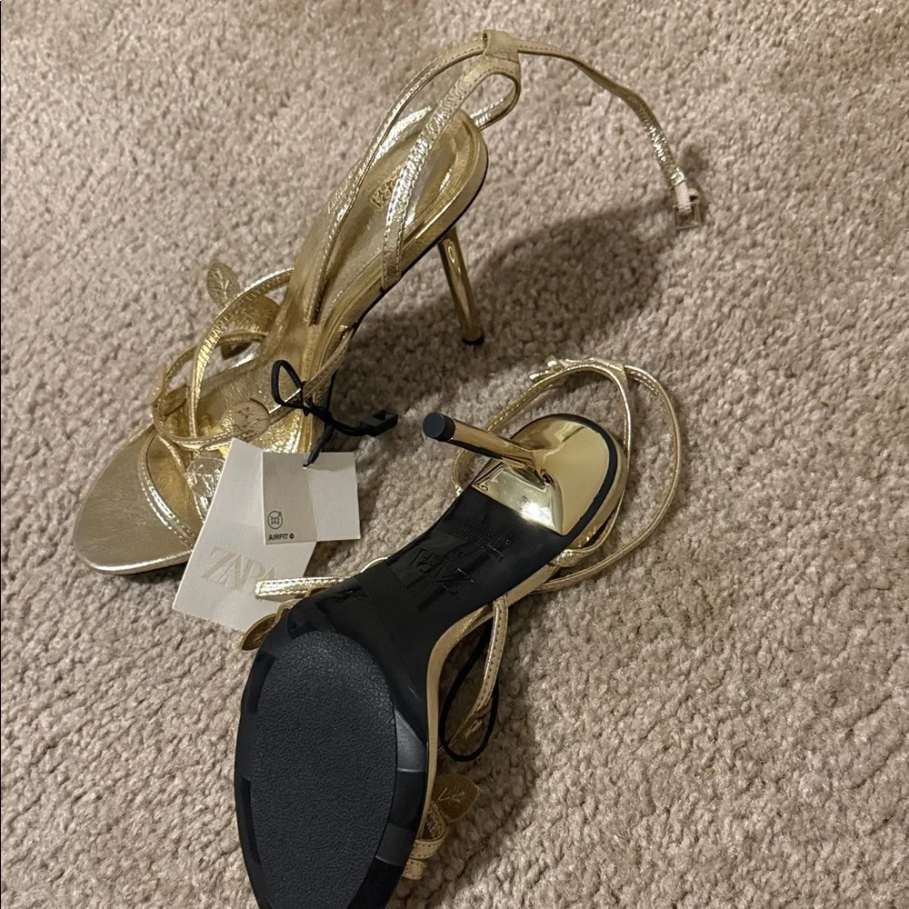 Zara Gold Leaf-Strap Satin Heel Sandals - Picture 3 of 5